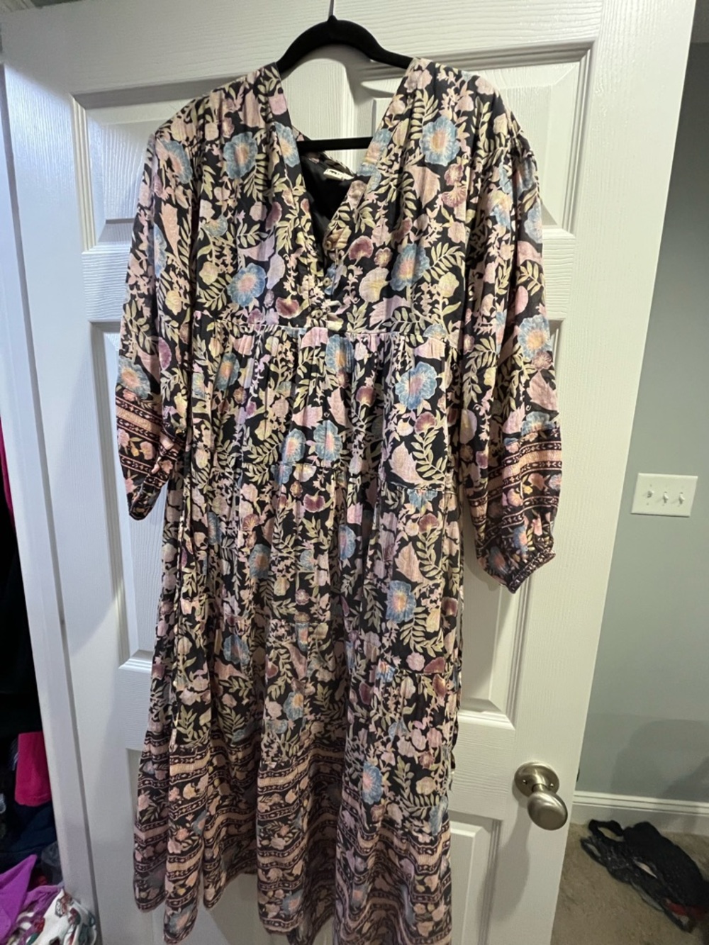 Billabong Black Floral V-Neck Dress with Pink & Blue Blooms